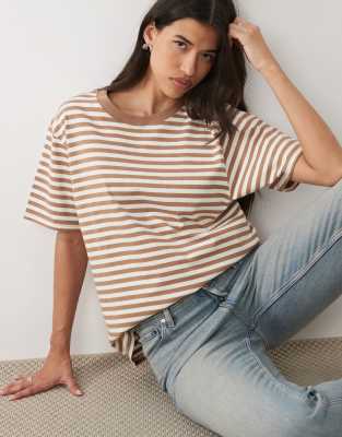 Good American The Overized Stripe T-shirt In Brown