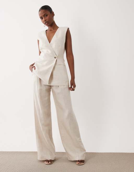 Good American - Pantaloni in lino color avena in coordinato