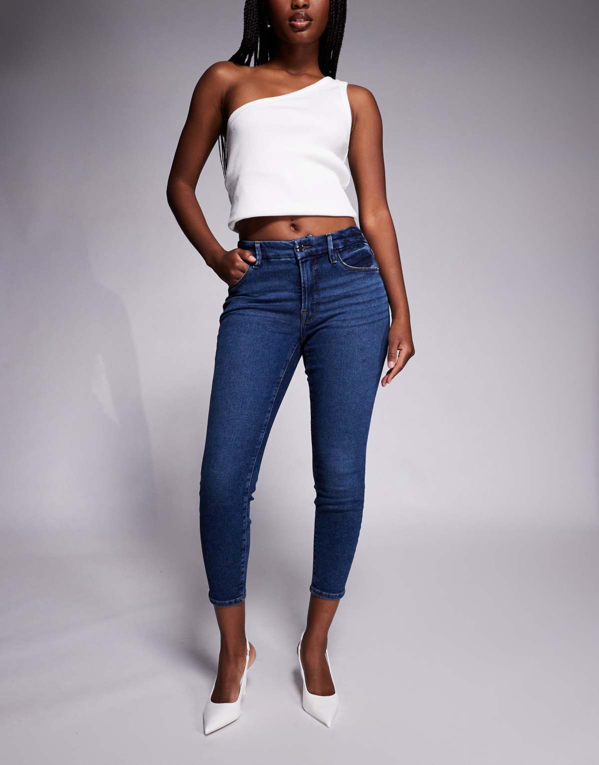 Good American petite skinny jeans in mid wash blue