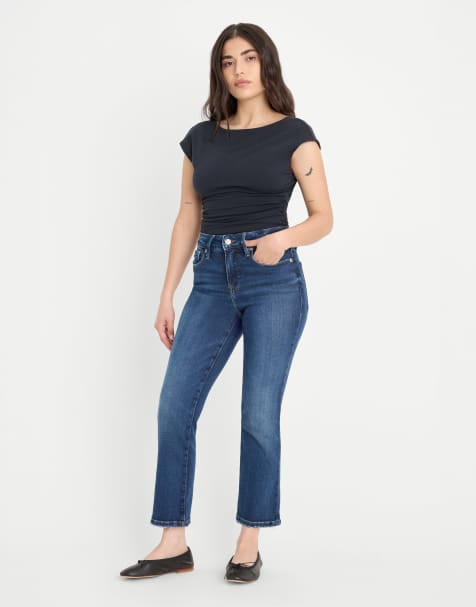 Good American Petite soft tech good straight leg jeans in mid blue wash - view 1