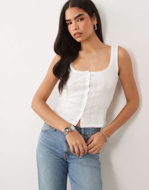 ASOS Good American pointelle square neck button through tank top in white