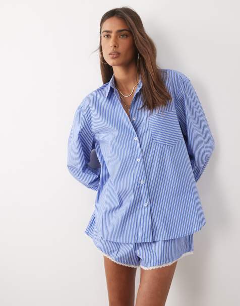 Good American poplin classic boxy shirt co-ord in blue and white stripe - view 1