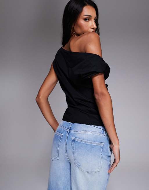 Good American poplin off shoulder top in black, 4 of 4