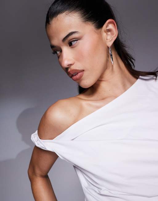 Good American poplin off shoulder top in white, 3 of 4