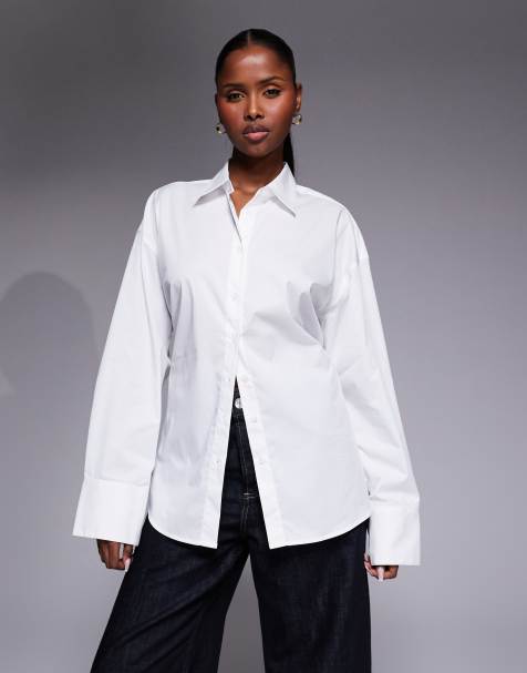 Good American poplin oversized shirt with adjustable waist in white - view 1
