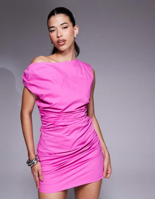 Good American poplin ruched off the shoulder mini dress in berry sorbet, 2 of 4