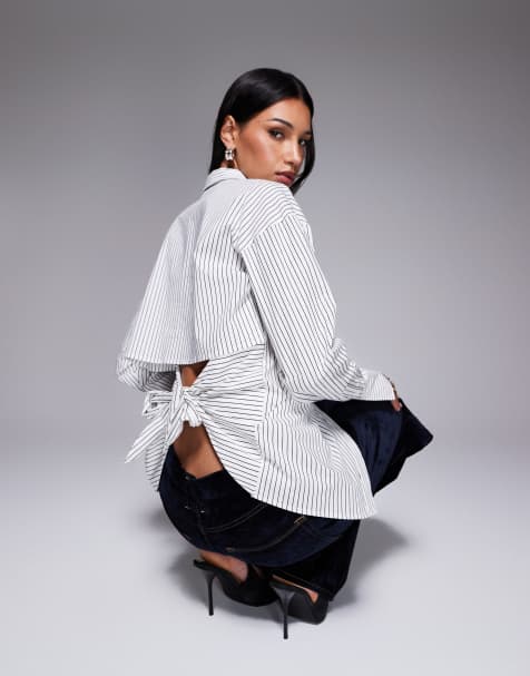 Good American poplin tie back shirt in white pinstripe - view 1