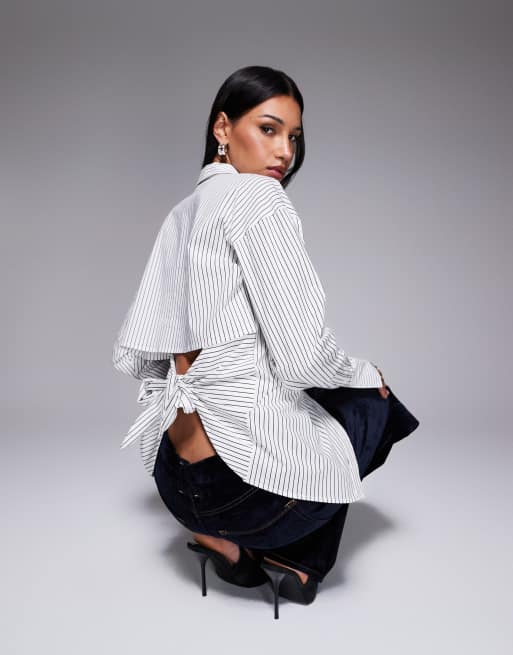 Good American poplin tie back shirt in white pinstripes