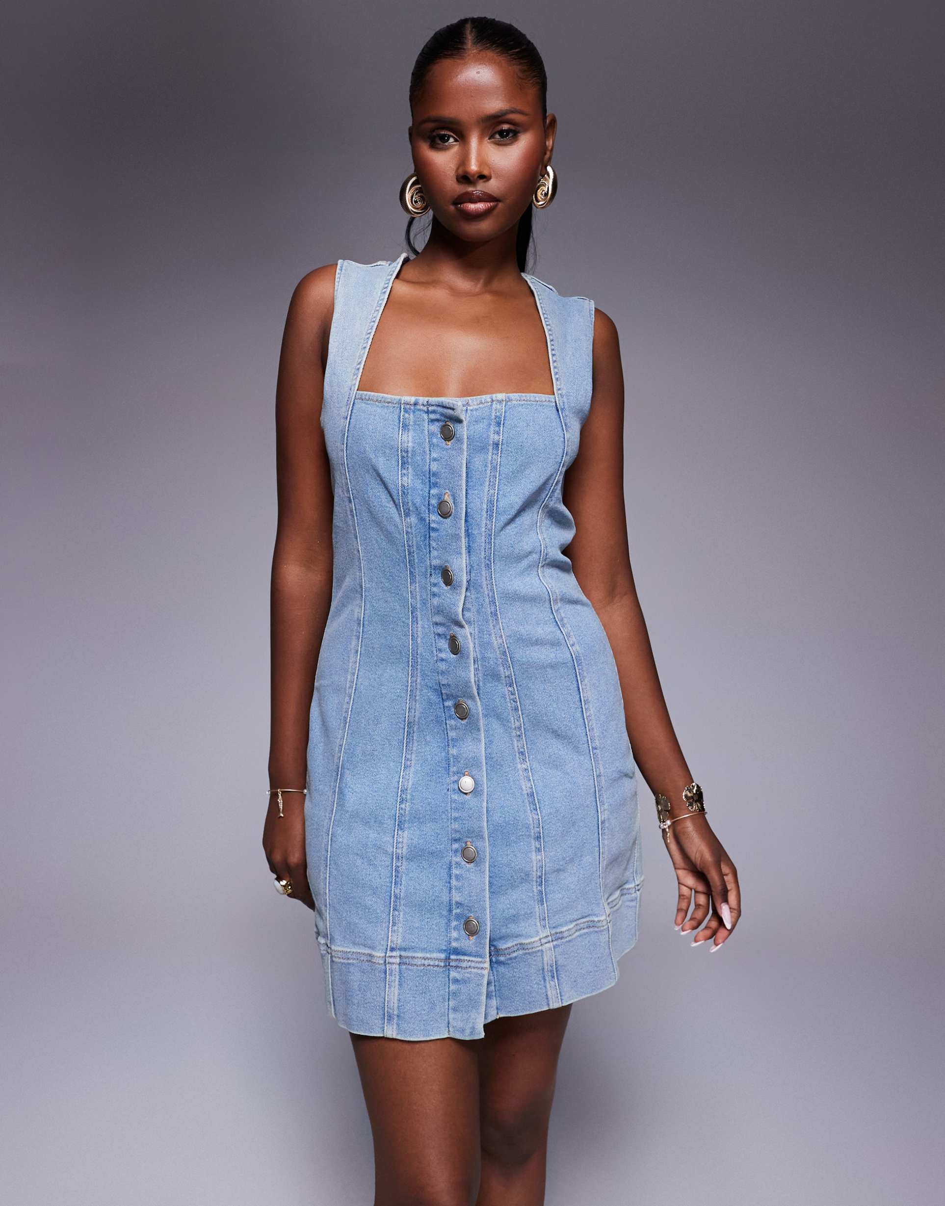 good american power stretch mini dress in light blue