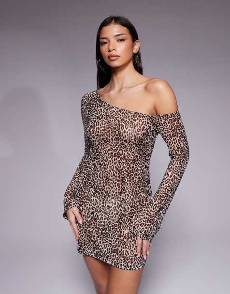 Good American print mesh asymmetric long sleeve mini dress in leopard