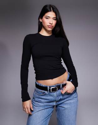 Good American Pure Cotton Crew Neck Long Sleeve Top In White