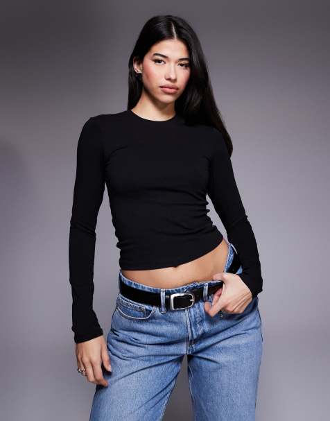 Good American cotton blend crew neck long sleeve top in black