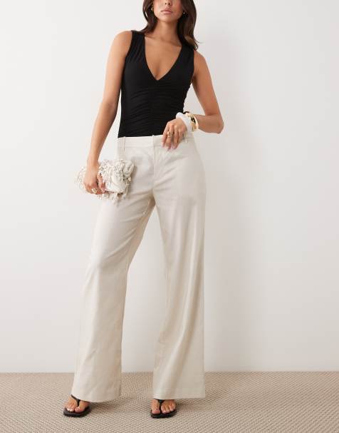Good American – Relaxed-Fit-Hose aus Leinen in Beige mit weitem Bein und mittelhohem Bund - view 1