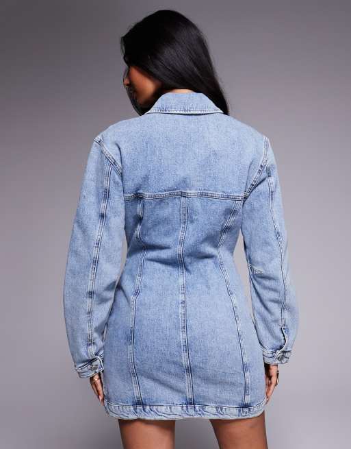 Good American - Robe courte à manches longues bouffantes - Bleu clair délavé, 2 de 4