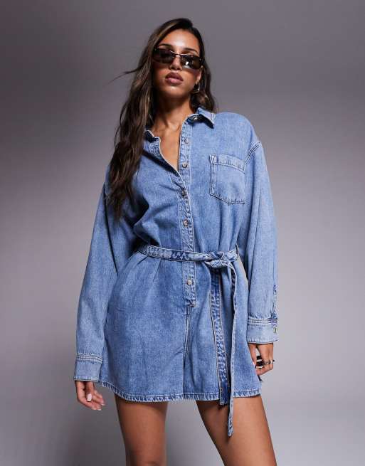 Good American - Salopette in denim leggero blu medio, 3 di 4