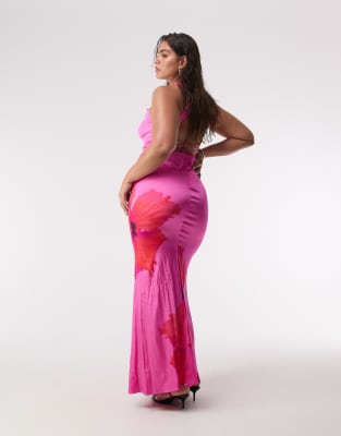 Good American Womens Pink Hibiscus002 Flower-print Lace-up Stretch-woven Maxi Dress In Pink