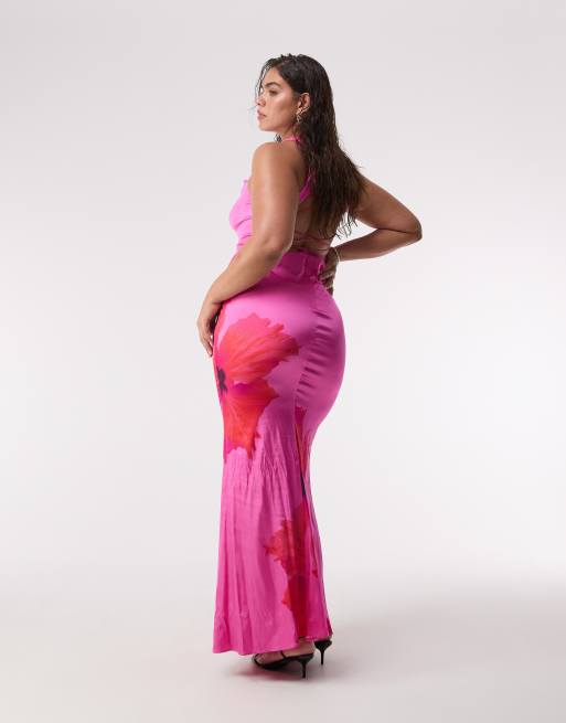 Good American satin lace up maxi dress in pink hibiscus