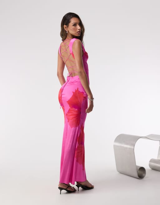Good American satin lace up maxi dress in pink hibiscus