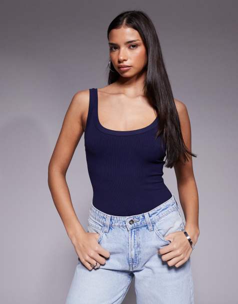 Good American scoop neck rib knit tank bodysuit in navy - view 1