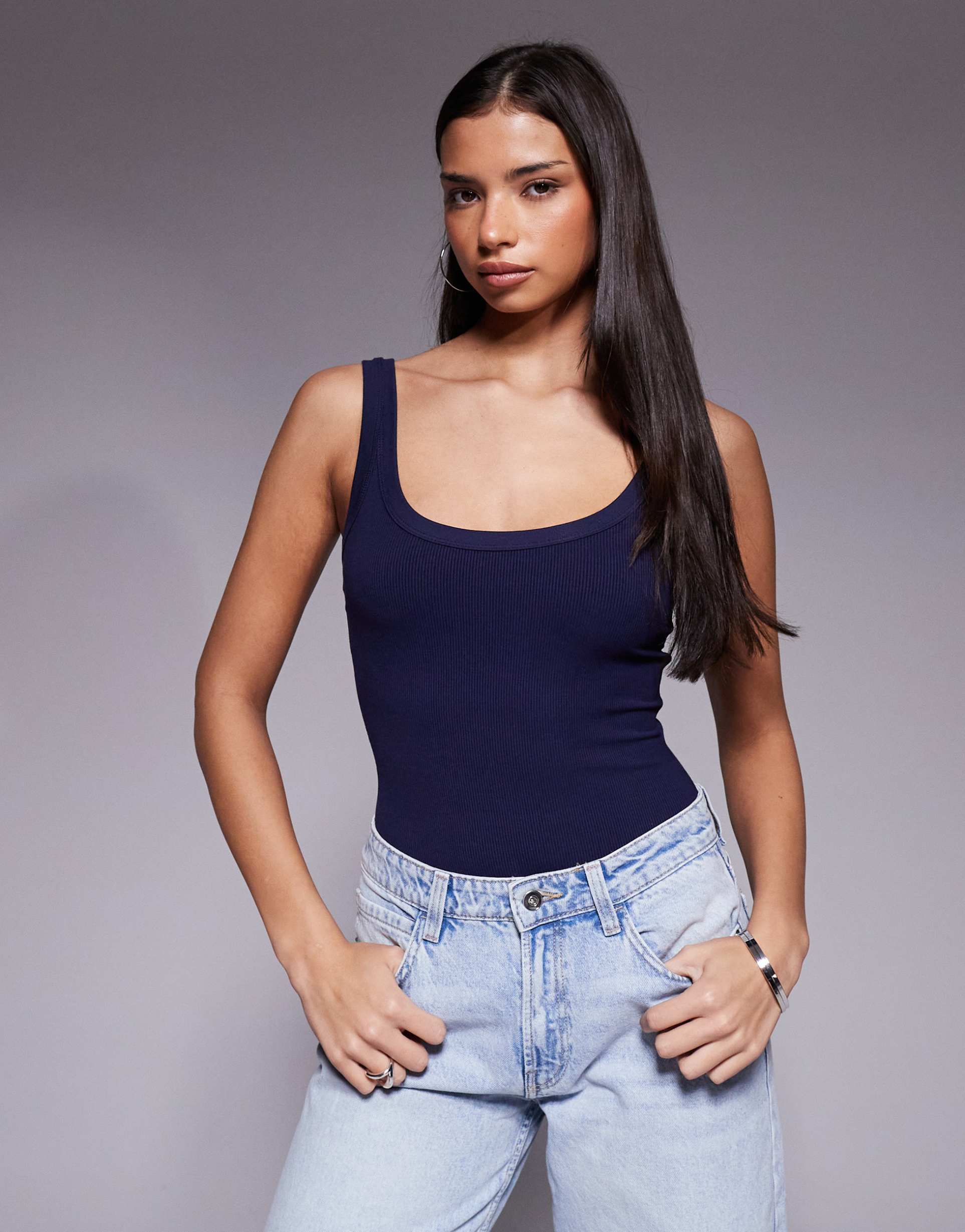 good american scoop neck rib knit tank bodysuit in navy
