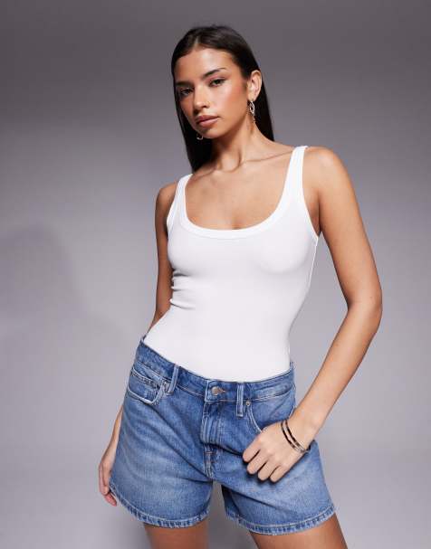 Good American scoop neck rib tank bodysuit in white - view 1