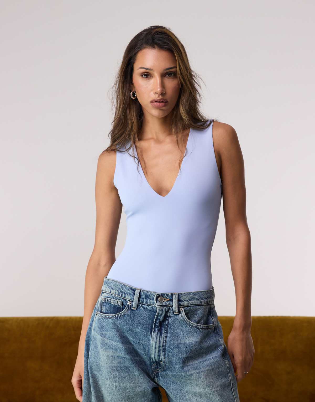 Good American scuba deep v tank bodysuit in sky mist