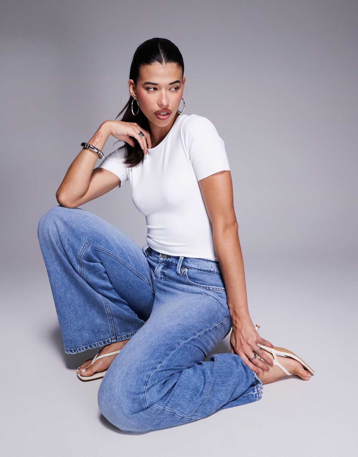 Good American scuba short sleeve crew neck bodysuit in white