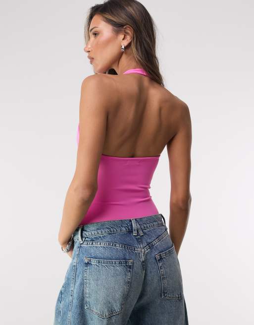 Good American sculpting halter v neck bodysuit in berry sorbet