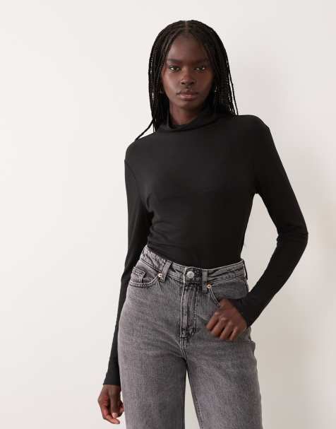 Good American sheer ribbed turtleneck top in black
