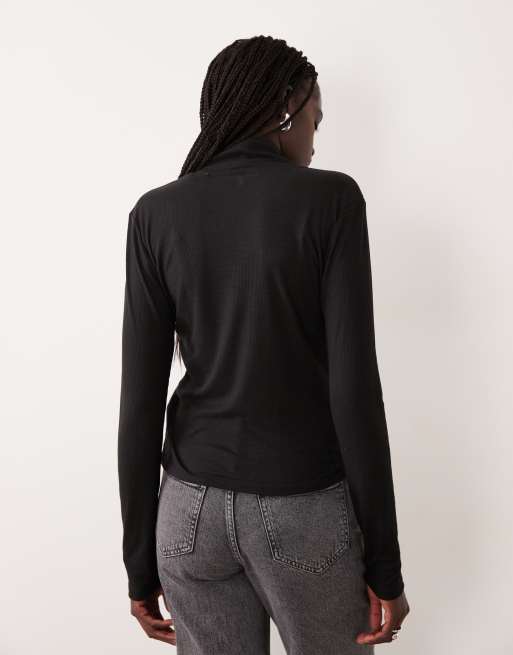 Good American sheer ribbed turtleneck top in black, 3 of 4