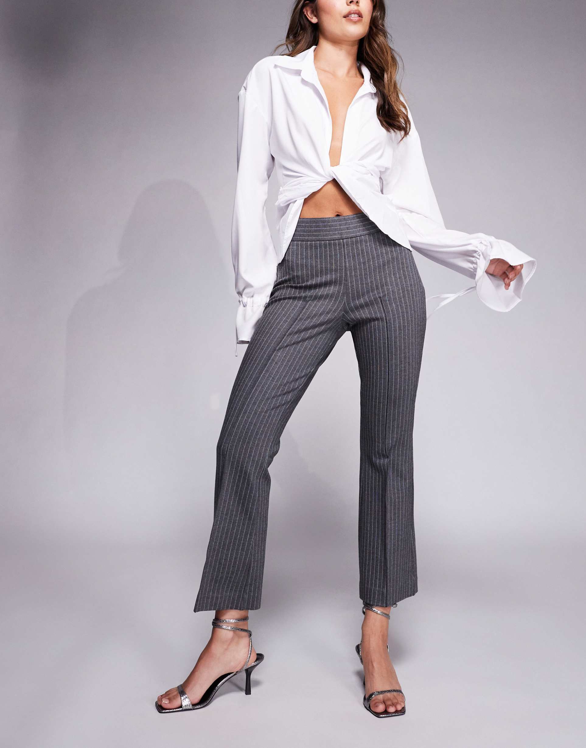 good american soft-stretch ponte kick flare pants in suiting pinstripe