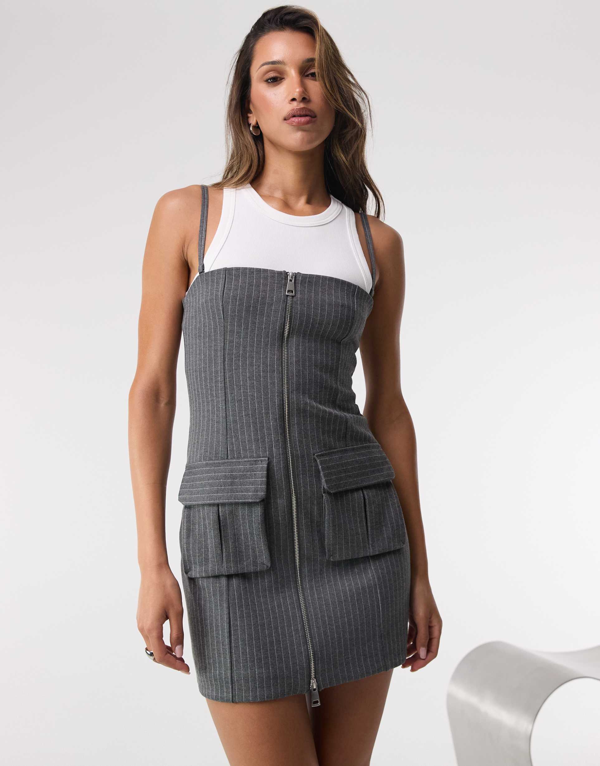 good american soft stretch ponte mini dress in suiting pinstripe