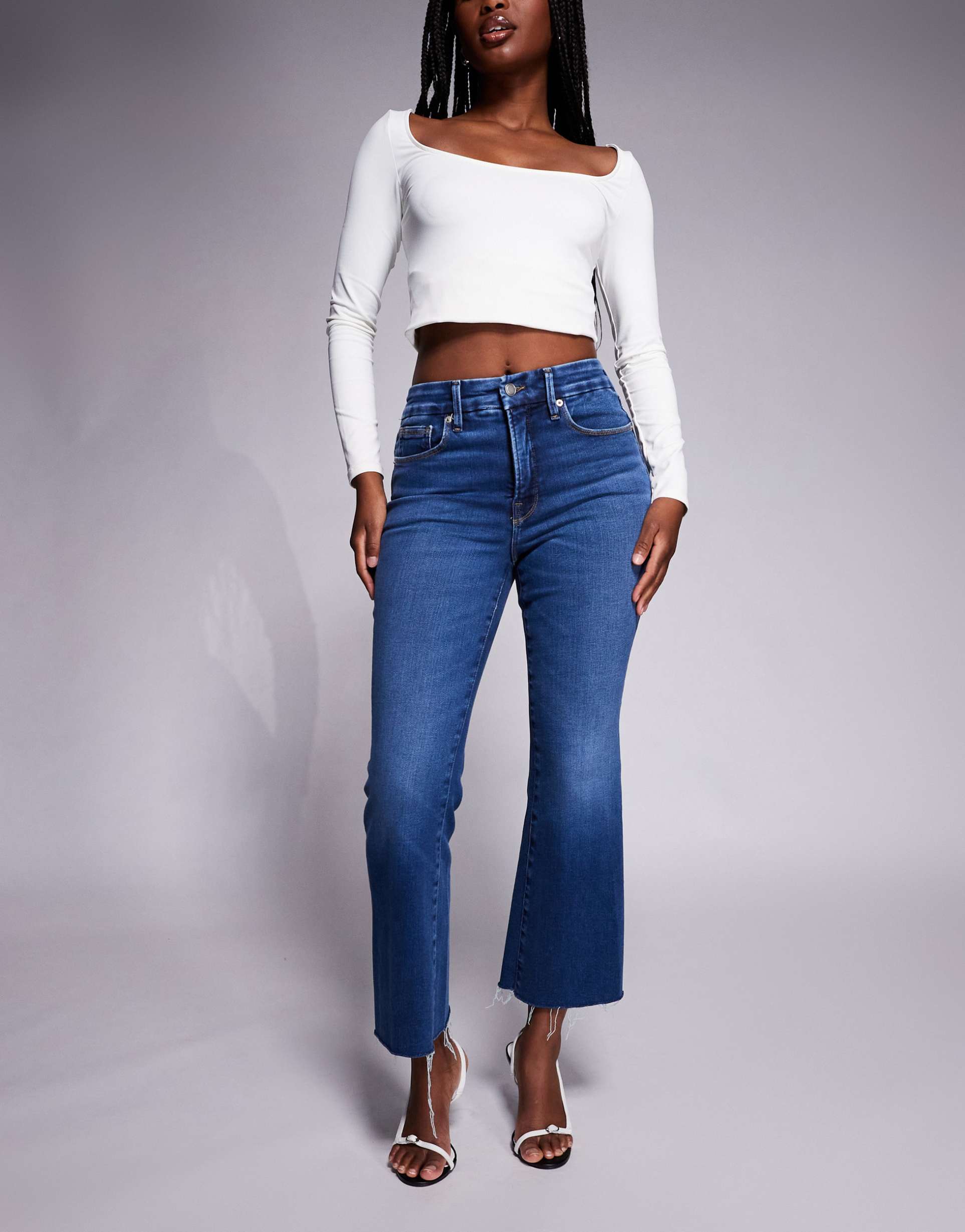 good american soft tech good legs cropped mini boot cut jeans in mid wash