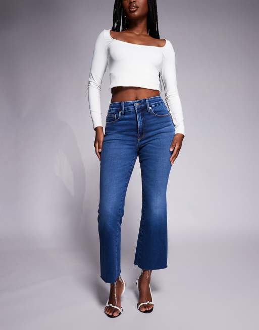 Good American soft tech good legs cropped mini boot cut jeans in mid wash