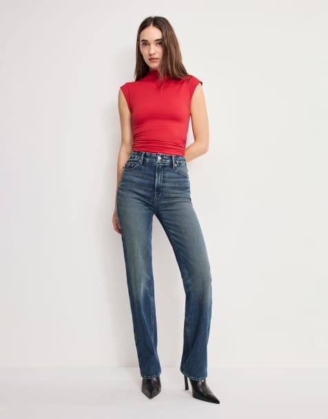 Good American soft tech good legs straight leg jeans in mid blue wash