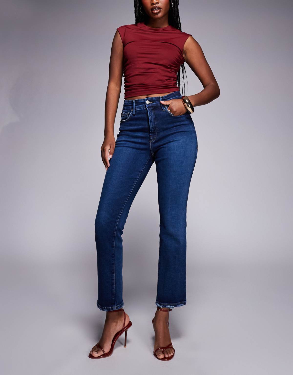 Good American soft tech good legs straight jeans in dark indigo