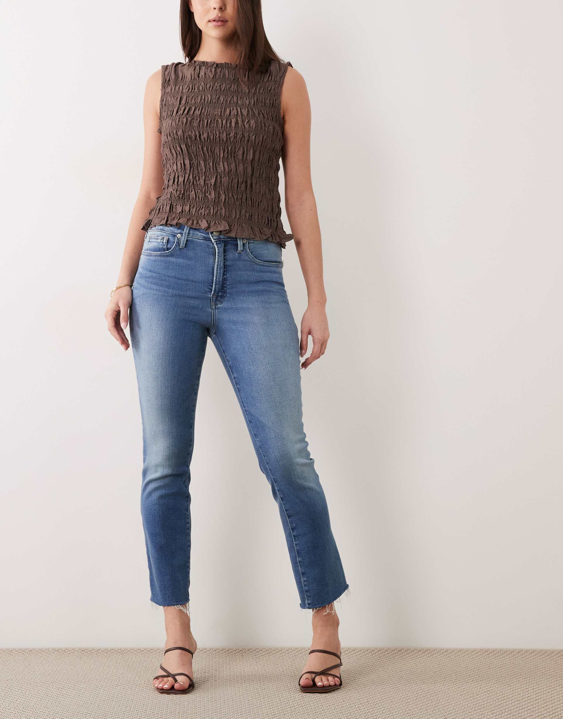 good american soft tech good legs straight leg jeans in mid blue wash