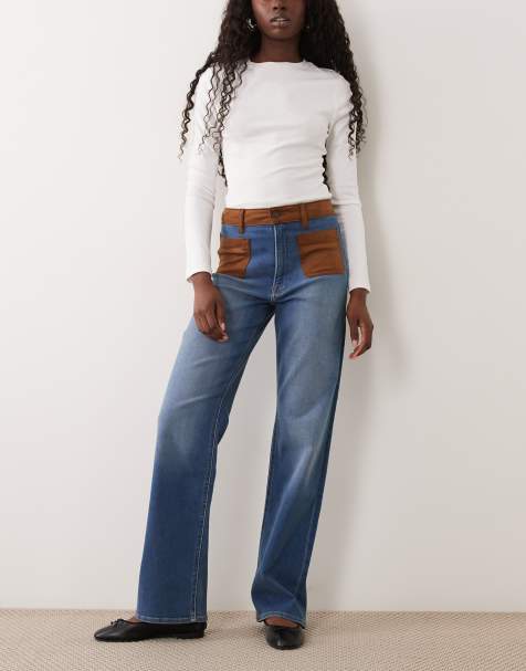 Good American soft touch good waist true straight leg jeans with contrast pocket detail in light blue wash - view 1