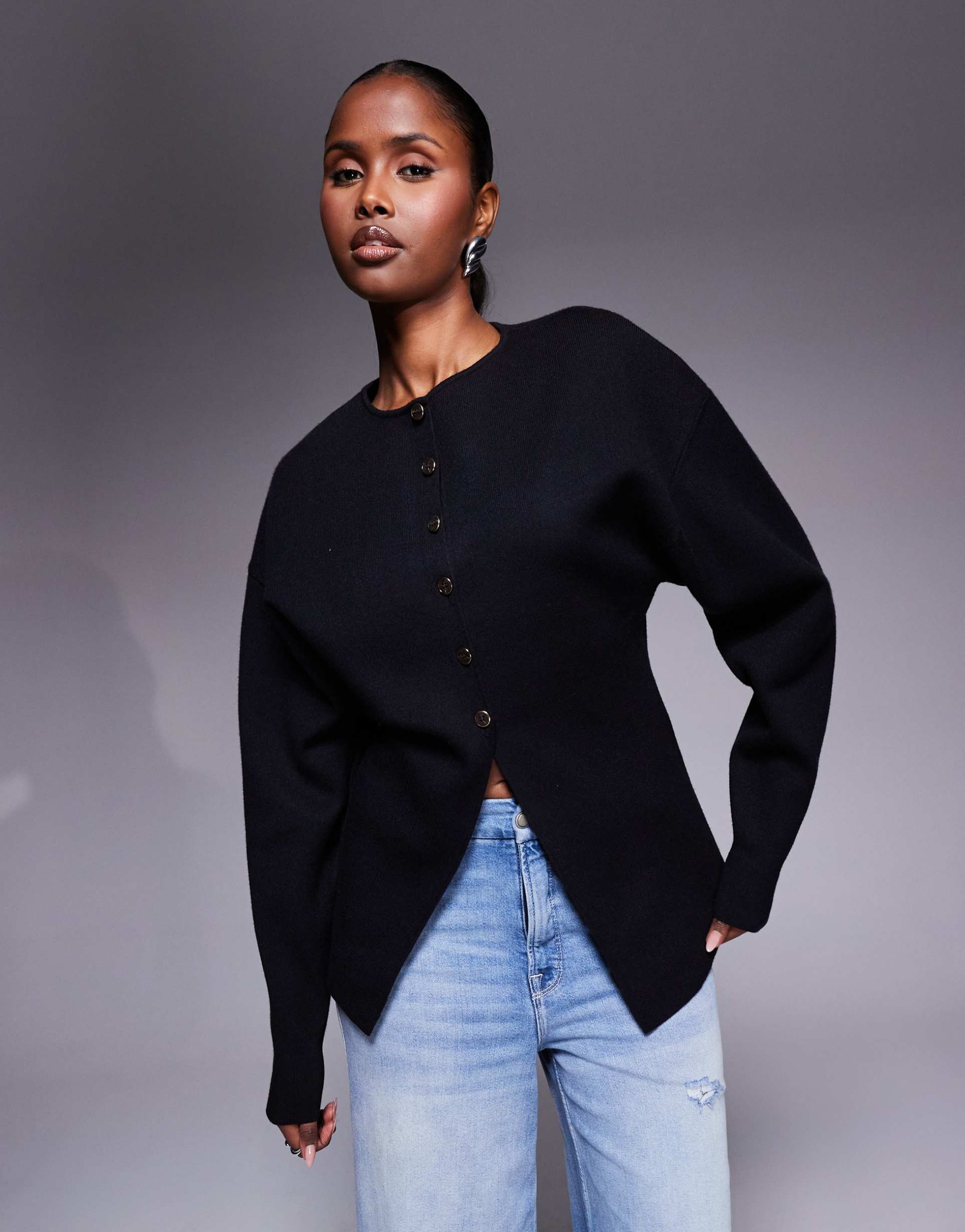 good american soft touch knit tailored cardigan in black