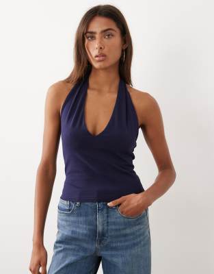 Good American Super Stretch Halter Neck Tank Top In Blue