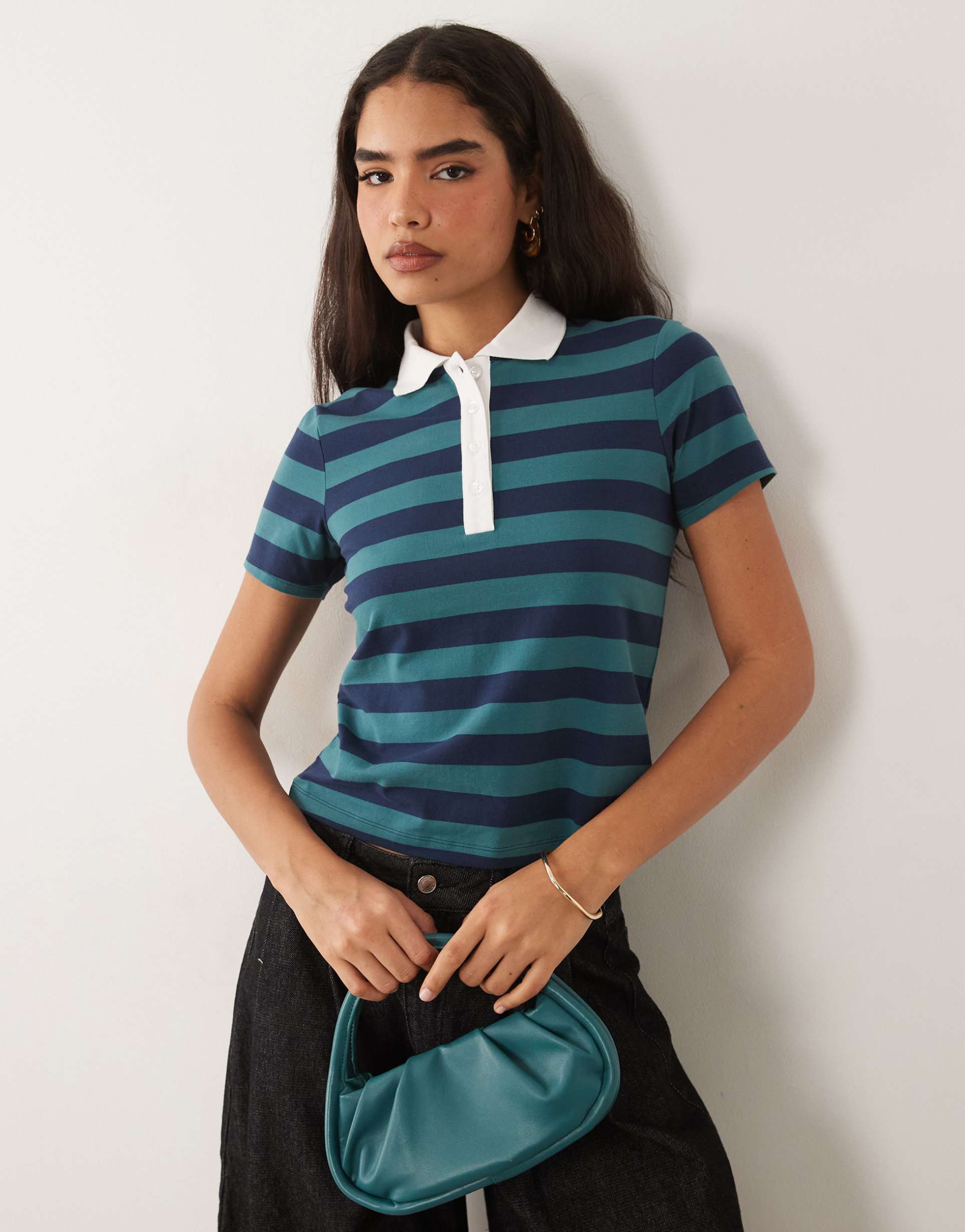 good american super stretch polo top in green and navy stripe