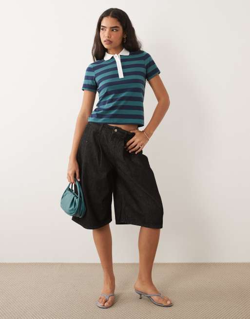 Good American super stretch polo top in green and navy stripe, 2 of 4