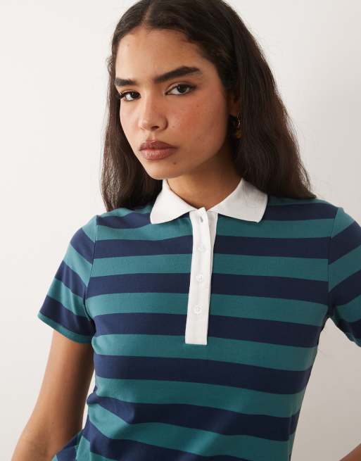 Good American super stretch polo top in green and navy stripe, 3 of 4