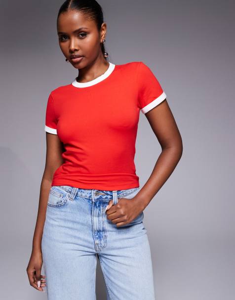 Good American super stretchy ringer baby tee in red with white trim - view 1