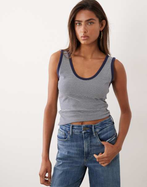 Good American – Superelastisches Ringer-Tanktop aus Baumwolle in Marineblau gestreift mit U-Ausschnitt - view 1