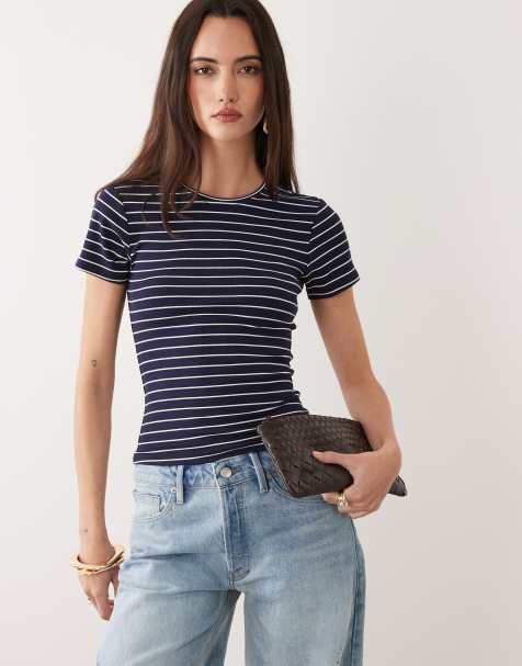 Good American - T-shirt mini a coste in modal blu navy a righe - view 1