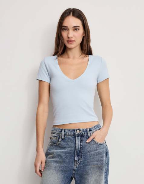 Good American - T-shirt mini blu cielo con scollo a V - view 1