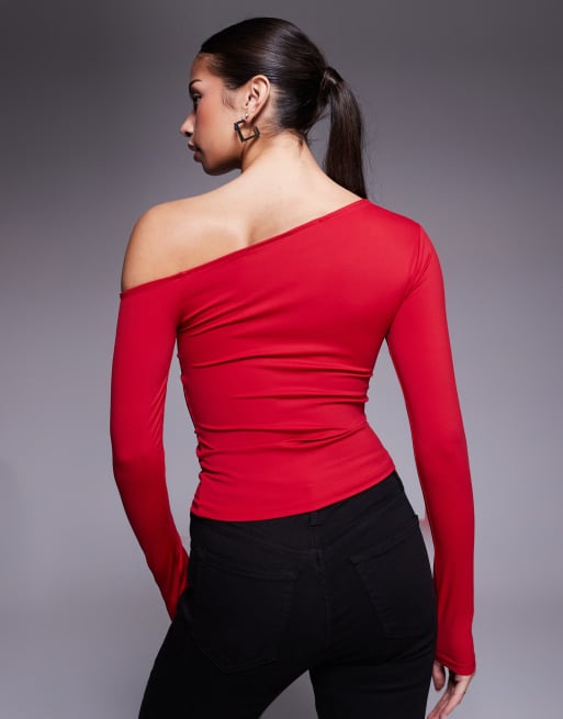 Good American - Top a maniche lunghe modellante impalpabile con spalle scoperte rosso, 2 di 4