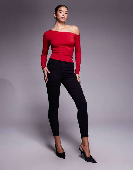 Good American - Top a maniche lunghe modellante impalpabile con spalle scoperte rosso, 3 di 4