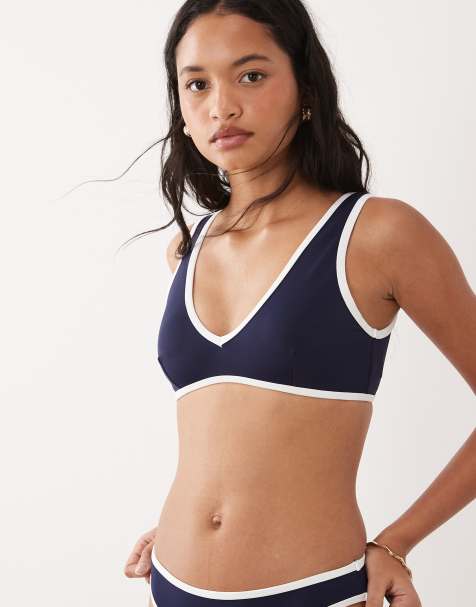 Good American - Top bikini con scollo profondo a V blu navy con finiture bianche - view 1